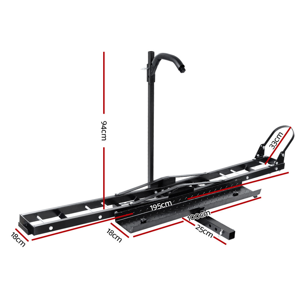 The Giantz Motorcycle Motorbike Carrier Rack Ramp 2" Towbar Adjustable Height Black, crafted from heavy-duty steel, features an adjustable wheel chock and ramp. The structure boasts a long, ladder-like frame with support brackets, bolts, and reflectors. An upright bar with a hook support is attached to stabilize the motorcycle.