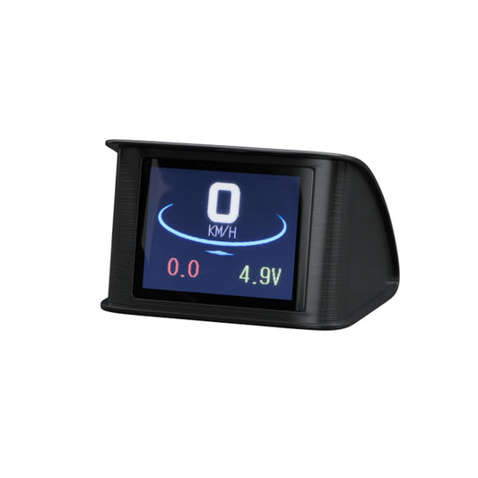 A Giantz Universal Car Digital GPS Speedometer Heads Up Display Overspeed Warning Alarm with a small screen displaying "0 KM/H" in large white numbers, and smaller red numbers showing "0.0" and green numbers showing "4.9V." The multifunctional display enhances driving safety with its sleek, modern design and is angled slightly to the left.