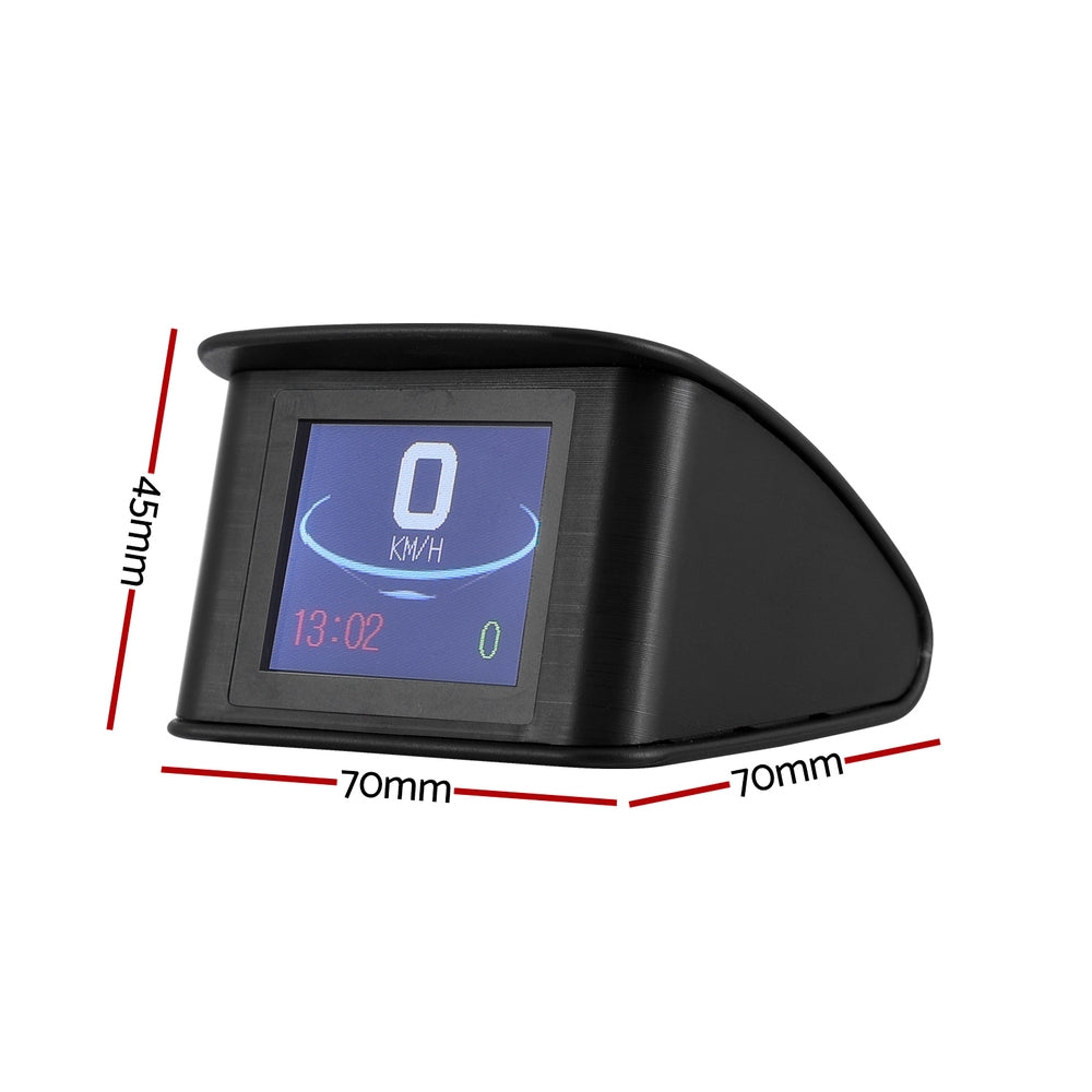 A Giantz Universal Car Digital GPS Speedometer Heads Up Display Overspeed Warning Alarm with a small screen displaying "0 KM/H" in large white numbers, and smaller red numbers showing "0.0" and green numbers showing "4.9V." The multifunctional display enhances driving safety with its sleek, modern design and is angled slightly to the left.