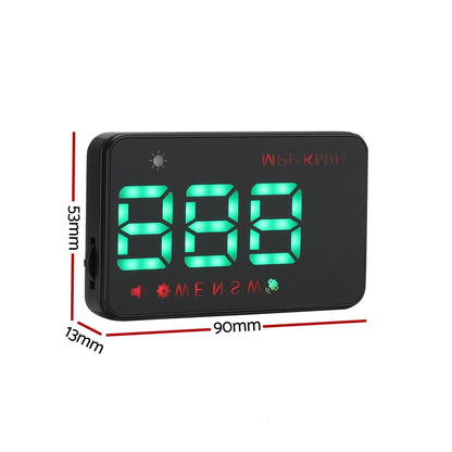 A black Giantz Universal Car Digital GPS Speedometer HUD Display Overspeed Warning Alarm 2 Modes with green LED numbers displayed upside down, reflected on the stand. The clock features icons for brightness adjustments and a red temperature display at the top, resembling a GPS HUD speedometer. A power cord is plugged into the side of the clock's stand.