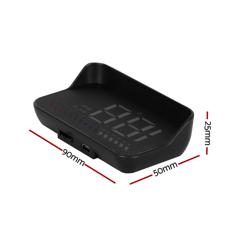 A rectangular black object with a matte finish, viewed from the front, featuring slightly curved edges and a minimalist design. The object is centered on a white background and resembles the sleek look of a Giantz Universal Car Digital GPS Speedometer OBD Heads Up Display Overspeed Warning Alarm.