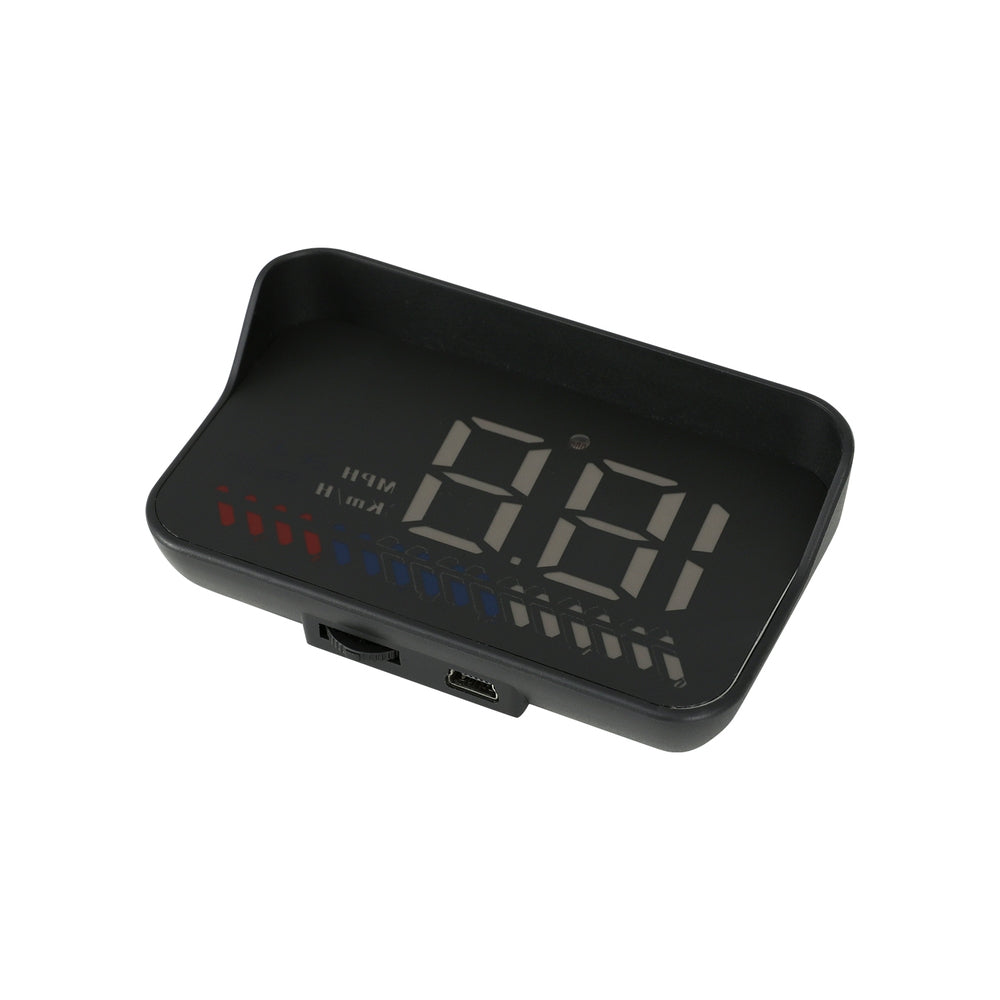 A rectangular black object with a matte finish, viewed from the front, featuring slightly curved edges and a minimalist design. The object is centered on a white background and resembles the sleek look of a Giantz Universal Car Digital GPS Speedometer OBD Heads Up Display Overspeed Warning Alarm.