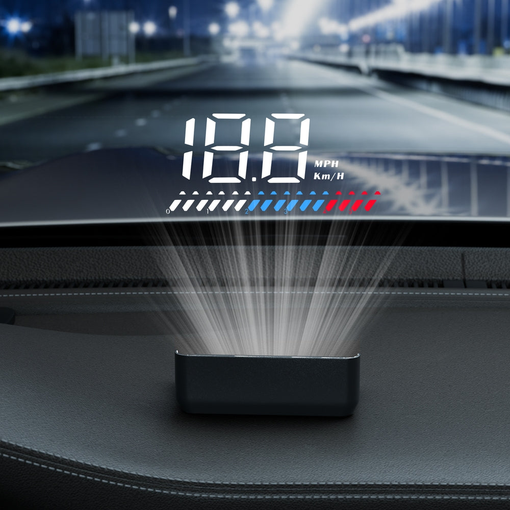 A rectangular black object with a matte finish, viewed from the front, featuring slightly curved edges and a minimalist design. The object is centered on a white background and resembles the sleek look of a Giantz Universal Car Digital GPS Speedometer OBD Heads Up Display Overspeed Warning Alarm.