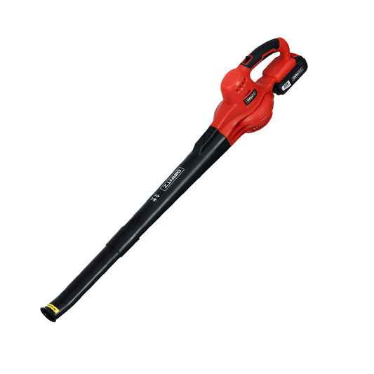 A red and black handheld Giantz 20V Cordless Leaf Blower Garden Lithium Battery Electric Nozzles 2-Speed with a long, narrow nozzle. The blower features a 20V lithium-ion battery pack and an ergonomic handle. Its lightweight design makes it easy to use, with controls and branding visible near the handle. The tool is positioned diagonally against a white background.