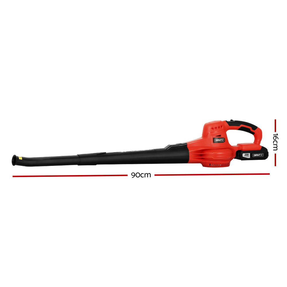 A red and black handheld Giantz 20V Cordless Leaf Blower Garden Lithium Battery Electric Nozzles 2-Speed with a long, narrow nozzle. The blower features a 20V lithium-ion battery pack and an ergonomic handle. Its lightweight design makes it easy to use, with controls and branding visible near the handle. The tool is positioned diagonally against a white background.