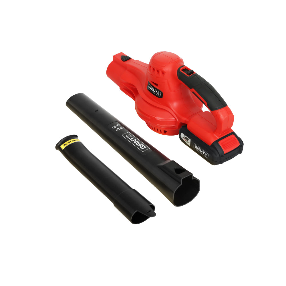 A red and black handheld Giantz 20V Cordless Leaf Blower Garden Lithium Battery Electric Nozzles 2-Speed with a long, narrow nozzle. The blower features a 20V lithium-ion battery pack and an ergonomic handle. Its lightweight design makes it easy to use, with controls and branding visible near the handle. The tool is positioned diagonally against a white background.