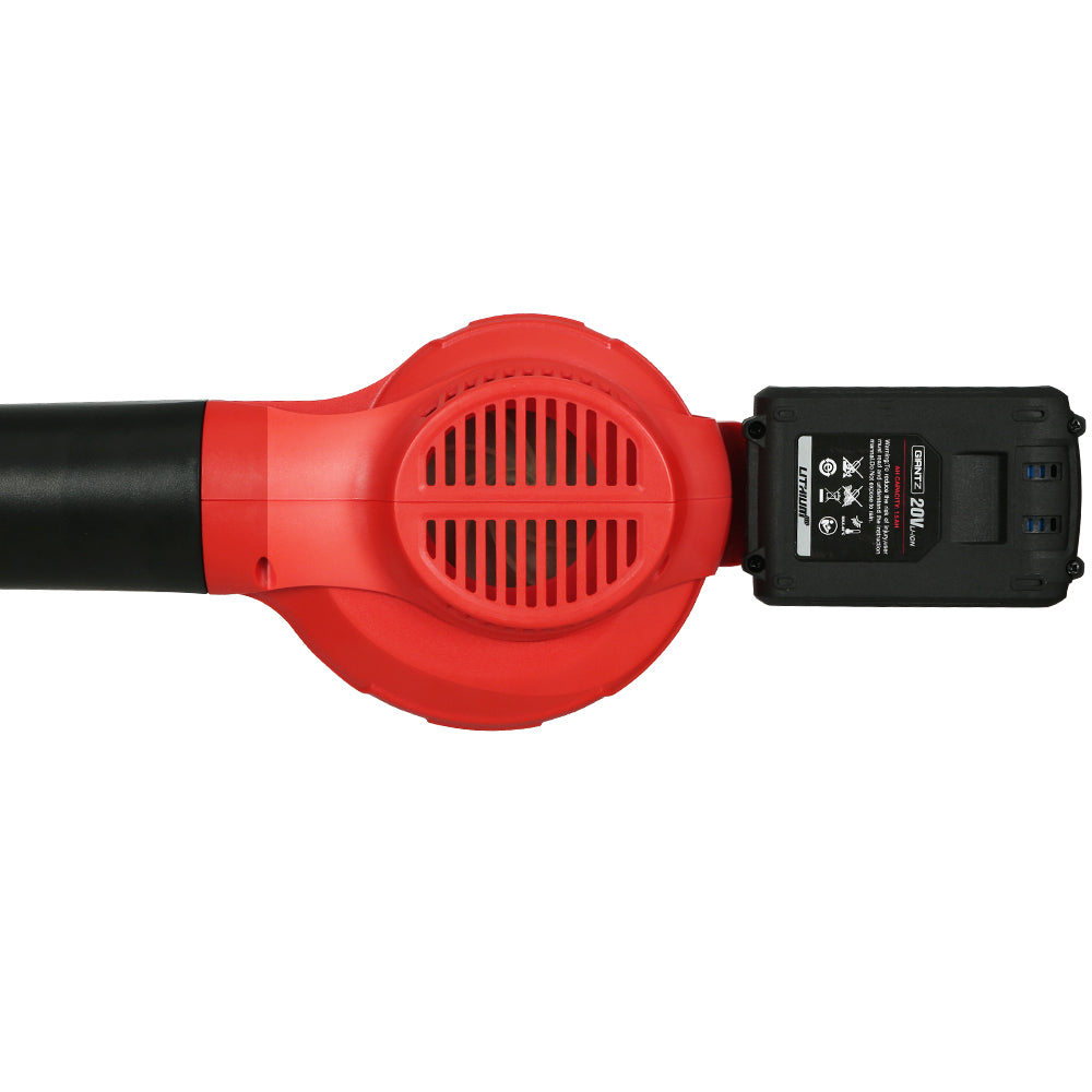 A red and black handheld Giantz 20V Cordless Leaf Blower Garden Lithium Battery Electric Nozzles 2-Speed with a long, narrow nozzle. The blower features a 20V lithium-ion battery pack and an ergonomic handle. Its lightweight design makes it easy to use, with controls and branding visible near the handle. The tool is positioned diagonally against a white background.