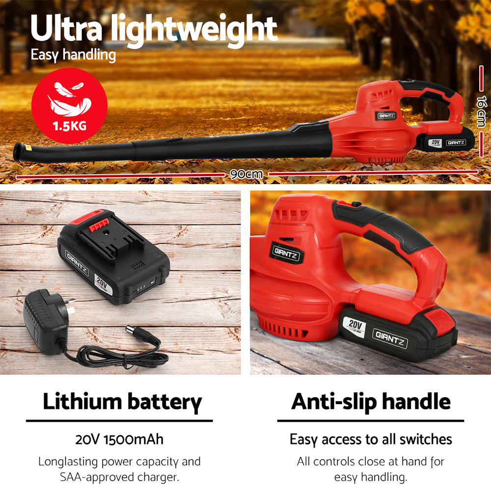 A red and black handheld Giantz 20V Cordless Leaf Blower Garden Lithium Battery Electric Nozzles 2-Speed with a long, narrow nozzle. The blower features a 20V lithium-ion battery pack and an ergonomic handle. Its lightweight design makes it easy to use, with controls and branding visible near the handle. The tool is positioned diagonally against a white background.