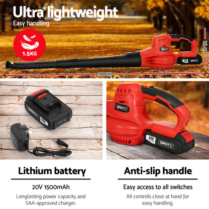 A red and black handheld Giantz 20V Cordless Leaf Blower Garden Lithium Battery Electric Nozzles 2-Speed with a long, narrow nozzle. The blower features a 20V lithium-ion battery pack and an ergonomic handle. Its lightweight design makes it easy to use, with controls and branding visible near the handle. The tool is positioned diagonally against a white background.