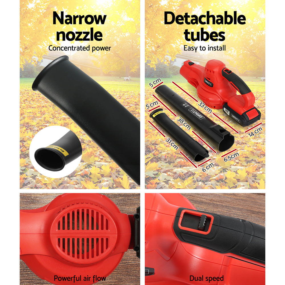 A red and black handheld Giantz 20V Cordless Leaf Blower Garden Lithium Battery Electric Nozzles 2-Speed with a long, narrow nozzle. The blower features a 20V lithium-ion battery pack and an ergonomic handle. Its lightweight design makes it easy to use, with controls and branding visible near the handle. The tool is positioned diagonally against a white background.