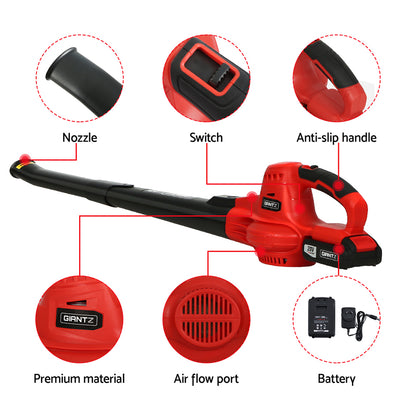 A red and black handheld Giantz 20V Cordless Leaf Blower Garden Lithium Battery Electric Nozzles 2-Speed with a long, narrow nozzle. The blower features a 20V lithium-ion battery pack and an ergonomic handle. Its lightweight design makes it easy to use, with controls and branding visible near the handle. The tool is positioned diagonally against a white background.