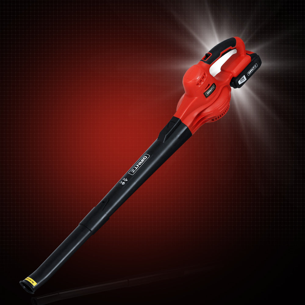 A red and black handheld Giantz 20V Cordless Leaf Blower Garden Lithium Battery Electric Nozzles 2-Speed with a long, narrow nozzle. The blower features a 20V lithium-ion battery pack and an ergonomic handle. Its lightweight design makes it easy to use, with controls and branding visible near the handle. The tool is positioned diagonally against a white background.