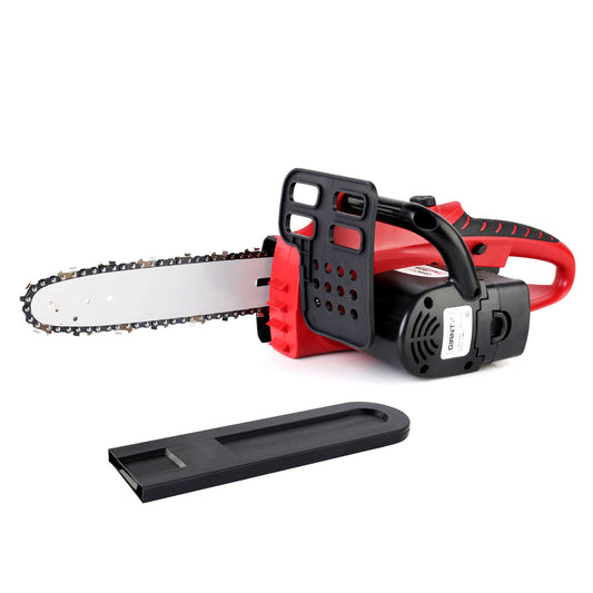 A red and black Giantz Chainsaw 10" 20V Cordless Saw Electric Battery Rechargeable, with a protective blade guard removed and placed next to it. The tool features a comfortable handle, and the chain is clearly visible on the blade. Designed for efficient cutting tasks, it also includes tool-free chain adjustment.