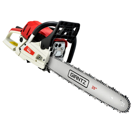 A red and white Giantz Chainsaw Petrol 62CC 20" Bar Commercial E-Start Pruning Chain Saw, Giantz Chainsaw Petrol 62CC 20" Bar Commercial E-Start Pruning Chain Saw 4.5HP with a 20-inch blade is shown on a white background. The 62cc engine powers a chain with sharp teeth designed for cutting wood. Featuring an e-Start system, the chainsaw has ergonomic handles and safety guards for secure operation.