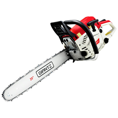 A red and white Giantz Chainsaw Petrol 62CC 20" Bar Commercial E-Start Pruning Chain Saw, Giantz Chainsaw Petrol 62CC 20" Bar Commercial E-Start Pruning Chain Saw 4.5HP with a 20-inch blade is shown on a white background. The 62cc engine powers a chain with sharp teeth designed for cutting wood. Featuring an e-Start system, the chainsaw has ergonomic handles and safety guards for secure operation.