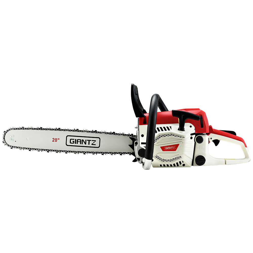 A red and white Giantz Chainsaw Petrol 62CC 20" Bar Commercial E-Start Pruning Chain Saw, Giantz Chainsaw Petrol 62CC 20" Bar Commercial E-Start Pruning Chain Saw 4.5HP with a 20-inch blade is shown on a white background. The 62cc engine powers a chain with sharp teeth designed for cutting wood. Featuring an e-Start system, the chainsaw has ergonomic handles and safety guards for secure operation.