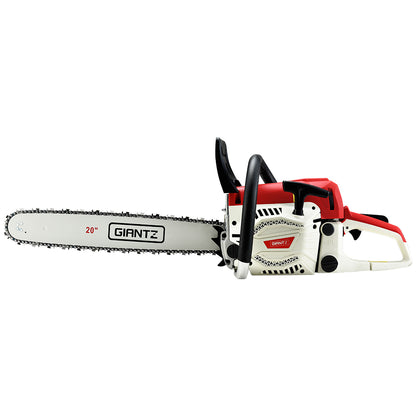 A red and white Giantz Chainsaw Petrol 62CC 20" Bar Commercial E-Start Pruning Chain Saw, Giantz Chainsaw Petrol 62CC 20" Bar Commercial E-Start Pruning Chain Saw 4.5HP with a 20-inch blade is shown on a white background. The 62cc engine powers a chain with sharp teeth designed for cutting wood. Featuring an e-Start system, the chainsaw has ergonomic handles and safety guards for secure operation.