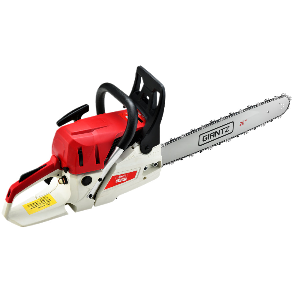 A red and white Giantz Chainsaw Petrol 62CC 20" Bar Commercial E-Start Pruning Chain Saw, Giantz Chainsaw Petrol 62CC 20" Bar Commercial E-Start Pruning Chain Saw 4.5HP with a 20-inch blade is shown on a white background. The 62cc engine powers a chain with sharp teeth designed for cutting wood. Featuring an e-Start system, the chainsaw has ergonomic handles and safety guards for secure operation.