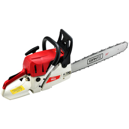 A red and white Giantz Chainsaw Petrol 62CC 20" Bar Commercial E-Start Pruning Chain Saw, Giantz Chainsaw Petrol 62CC 20" Bar Commercial E-Start Pruning Chain Saw 4.5HP with a 20-inch blade is shown on a white background. The 62cc engine powers a chain with sharp teeth designed for cutting wood. Featuring an e-Start system, the chainsaw has ergonomic handles and safety guards for secure operation.