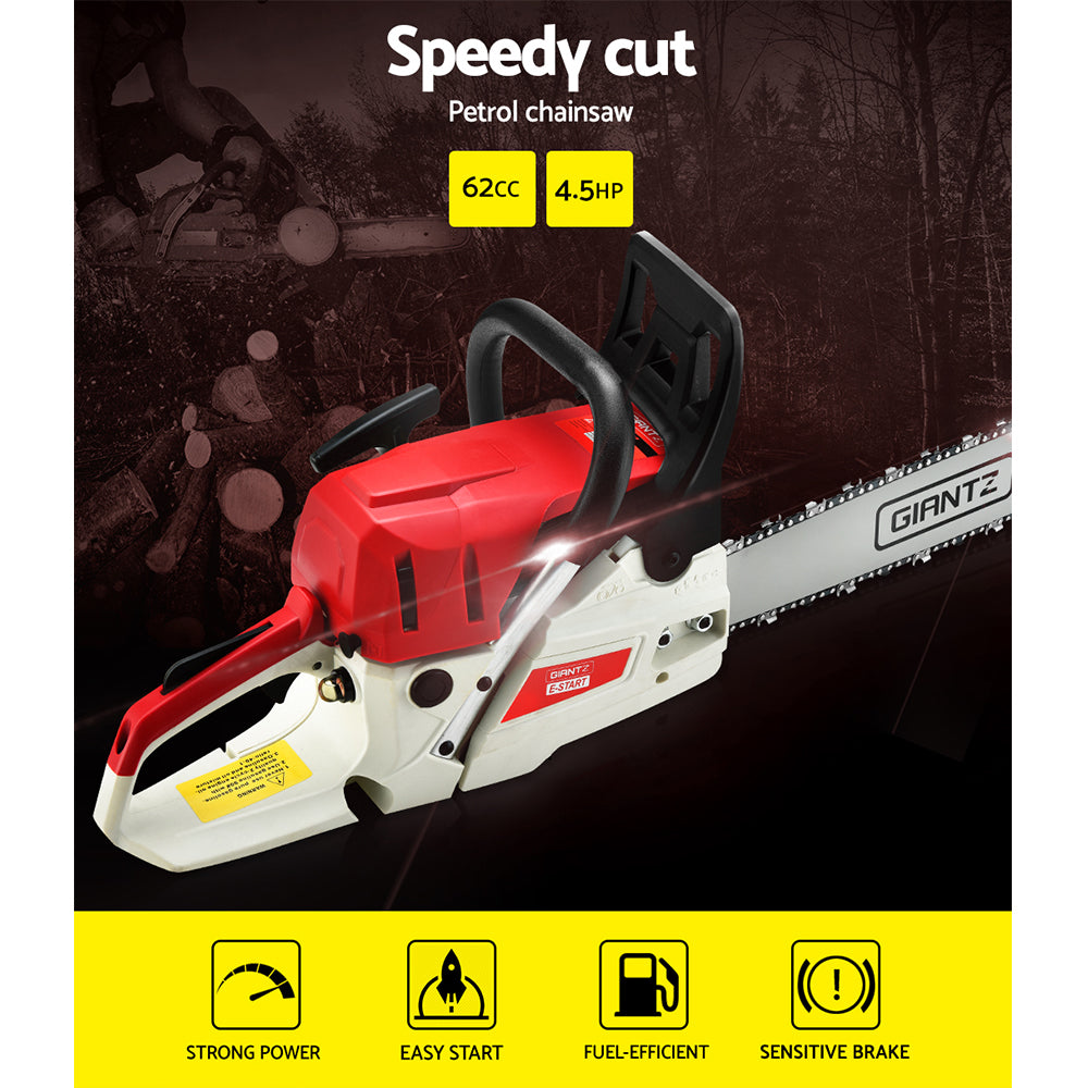 A red and white Giantz Chainsaw Petrol 62CC 20" Bar Commercial E-Start Pruning Chain Saw, Giantz Chainsaw Petrol 62CC 20" Bar Commercial E-Start Pruning Chain Saw 4.5HP with a 20-inch blade is shown on a white background. The 62cc engine powers a chain with sharp teeth designed for cutting wood. Featuring an e-Start system, the chainsaw has ergonomic handles and safety guards for secure operation.