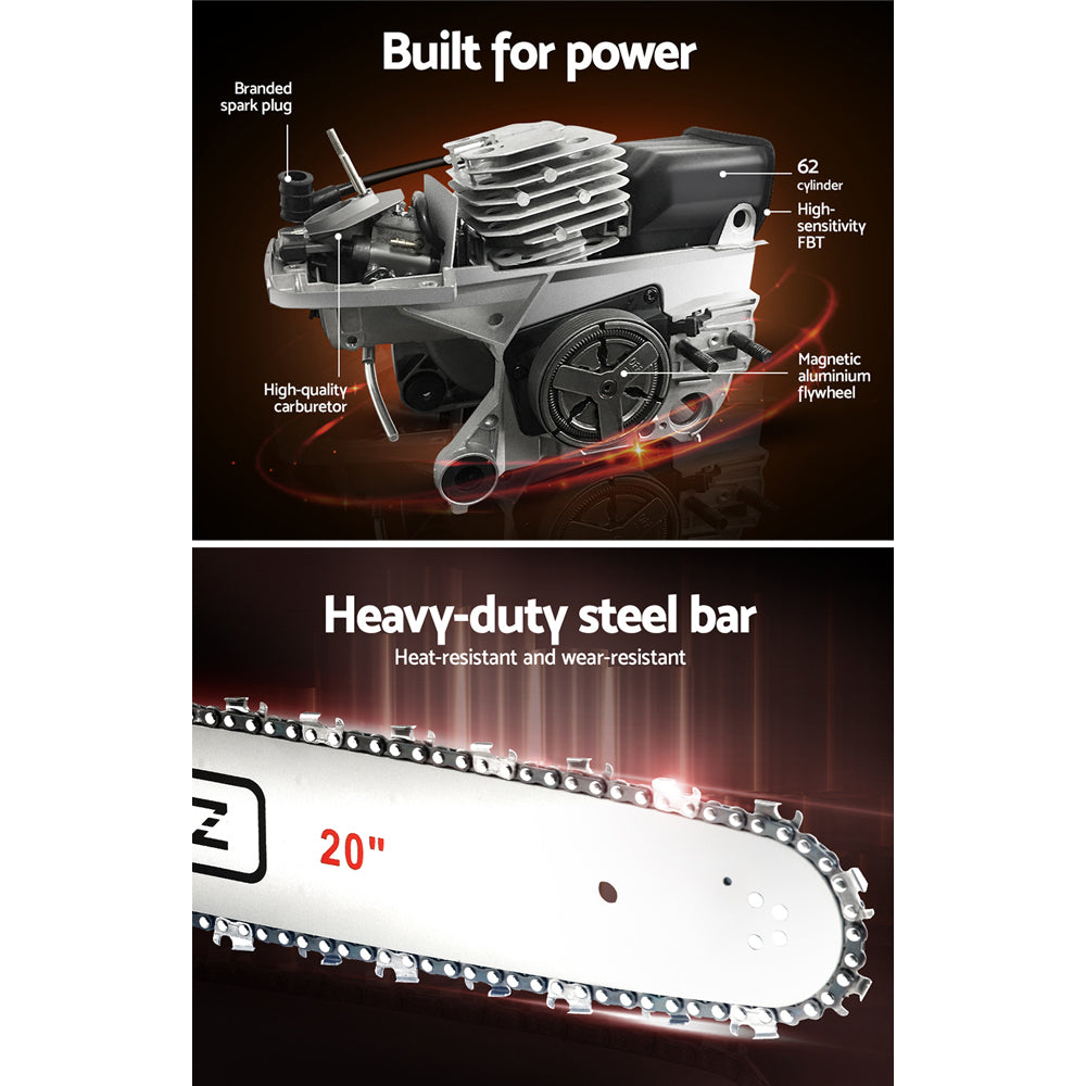 A red and white Giantz Chainsaw Petrol 62CC 20" Bar Commercial E-Start Pruning Chain Saw, Giantz Chainsaw Petrol 62CC 20" Bar Commercial E-Start Pruning Chain Saw 4.5HP with a 20-inch blade is shown on a white background. The 62cc engine powers a chain with sharp teeth designed for cutting wood. Featuring an e-Start system, the chainsaw has ergonomic handles and safety guards for secure operation.