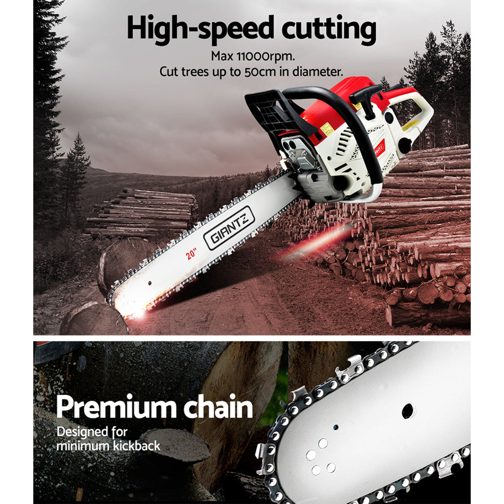 A red and white Giantz Chainsaw Petrol 62CC 20" Bar Commercial E-Start Pruning Chain Saw, Giantz Chainsaw Petrol 62CC 20" Bar Commercial E-Start Pruning Chain Saw 4.5HP with a 20-inch blade is shown on a white background. The 62cc engine powers a chain with sharp teeth designed for cutting wood. Featuring an e-Start system, the chainsaw has ergonomic handles and safety guards for secure operation.