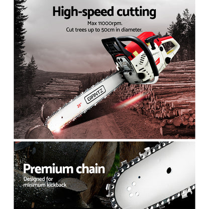 A red and white Giantz Chainsaw Petrol 62CC 20" Bar Commercial E-Start Pruning Chain Saw, Giantz Chainsaw Petrol 62CC 20" Bar Commercial E-Start Pruning Chain Saw 4.5HP with a 20-inch blade is shown on a white background. The 62cc engine powers a chain with sharp teeth designed for cutting wood. Featuring an e-Start system, the chainsaw has ergonomic handles and safety guards for secure operation.