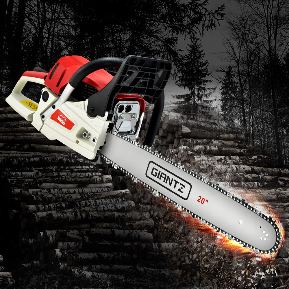 A red and white Giantz Chainsaw Petrol 62CC 20" Bar Commercial E-Start Pruning Chain Saw, Giantz Chainsaw Petrol 62CC 20" Bar Commercial E-Start Pruning Chain Saw 4.5HP with a 20-inch blade is shown on a white background. The 62cc engine powers a chain with sharp teeth designed for cutting wood. Featuring an e-Start system, the chainsaw has ergonomic handles and safety guards for secure operation.