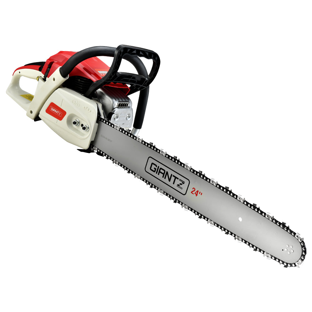 A red and white Giantz Chainsaw Petrol 88CC 24" Bar Commercial E-Start Pruning Chain Saw,Giantz Chainsaw Petrol 88CC 24" Bar Commercial E-Start Pruning Chain Saw 6.8HP with a long 24" robust bar and chain, designed for heavy-duty cutting. This 88CC chainsaw features a black ergonomic handle and various safety controls, suitable for forestry, landscaping, and robust cutting jobs.