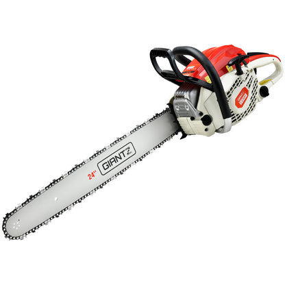 A red and white Giantz Chainsaw Petrol 88CC 24" Bar Commercial E-Start Pruning Chain Saw,Giantz Chainsaw Petrol 88CC 24" Bar Commercial E-Start Pruning Chain Saw 6.8HP with a long 24" robust bar and chain, designed for heavy-duty cutting. This 88CC chainsaw features a black ergonomic handle and various safety controls, suitable for forestry, landscaping, and robust cutting jobs.