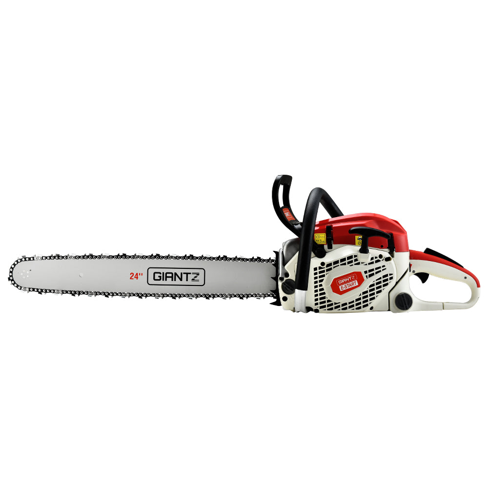 A red and white Giantz Chainsaw Petrol 88CC 24" Bar Commercial E-Start Pruning Chain Saw,Giantz Chainsaw Petrol 88CC 24" Bar Commercial E-Start Pruning Chain Saw 6.8HP with a long 24" robust bar and chain, designed for heavy-duty cutting. This 88CC chainsaw features a black ergonomic handle and various safety controls, suitable for forestry, landscaping, and robust cutting jobs.