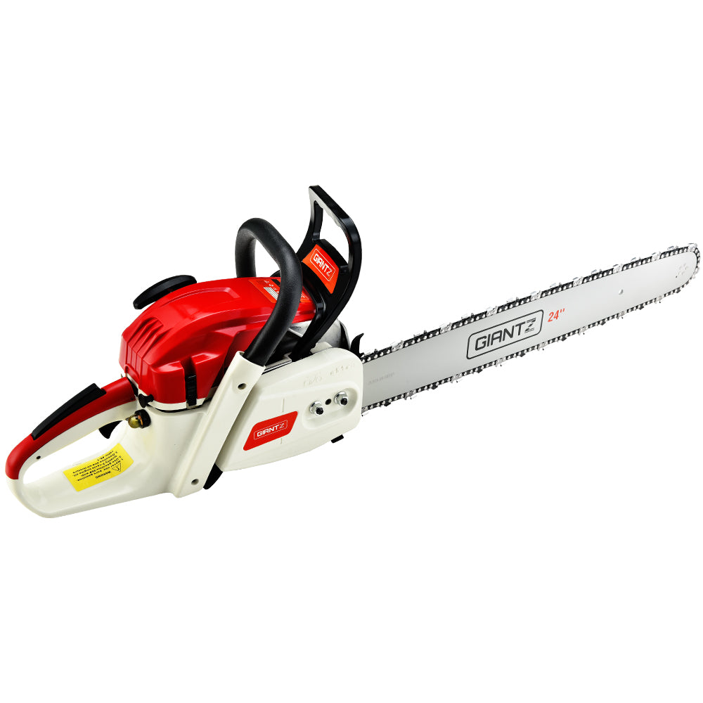 A red and white Giantz Chainsaw Petrol 88CC 24" Bar Commercial E-Start Pruning Chain Saw,Giantz Chainsaw Petrol 88CC 24" Bar Commercial E-Start Pruning Chain Saw 6.8HP with a long 24" robust bar and chain, designed for heavy-duty cutting. This 88CC chainsaw features a black ergonomic handle and various safety controls, suitable for forestry, landscaping, and robust cutting jobs.