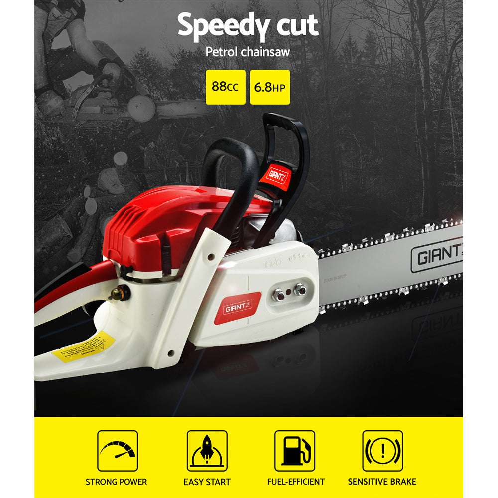 A red and white Giantz Chainsaw Petrol 88CC 24" Bar Commercial E-Start Pruning Chain Saw,Giantz Chainsaw Petrol 88CC 24" Bar Commercial E-Start Pruning Chain Saw 6.8HP with a long 24" robust bar and chain, designed for heavy-duty cutting. This 88CC chainsaw features a black ergonomic handle and various safety controls, suitable for forestry, landscaping, and robust cutting jobs.