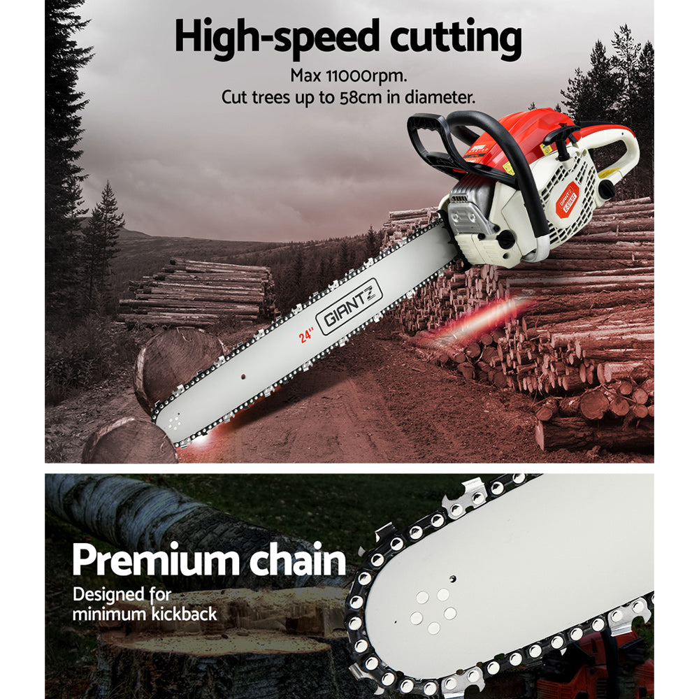 A red and white Giantz Chainsaw Petrol 88CC 24" Bar Commercial E-Start Pruning Chain Saw,Giantz Chainsaw Petrol 88CC 24" Bar Commercial E-Start Pruning Chain Saw 6.8HP with a long 24" robust bar and chain, designed for heavy-duty cutting. This 88CC chainsaw features a black ergonomic handle and various safety controls, suitable for forestry, landscaping, and robust cutting jobs.