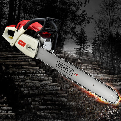 A red and white Giantz Chainsaw Petrol 88CC 24" Bar Commercial E-Start Pruning Chain Saw,Giantz Chainsaw Petrol 88CC 24" Bar Commercial E-Start Pruning Chain Saw 6.8HP with a long 24" robust bar and chain, designed for heavy-duty cutting. This 88CC chainsaw features a black ergonomic handle and various safety controls, suitable for forestry, landscaping, and robust cutting jobs.