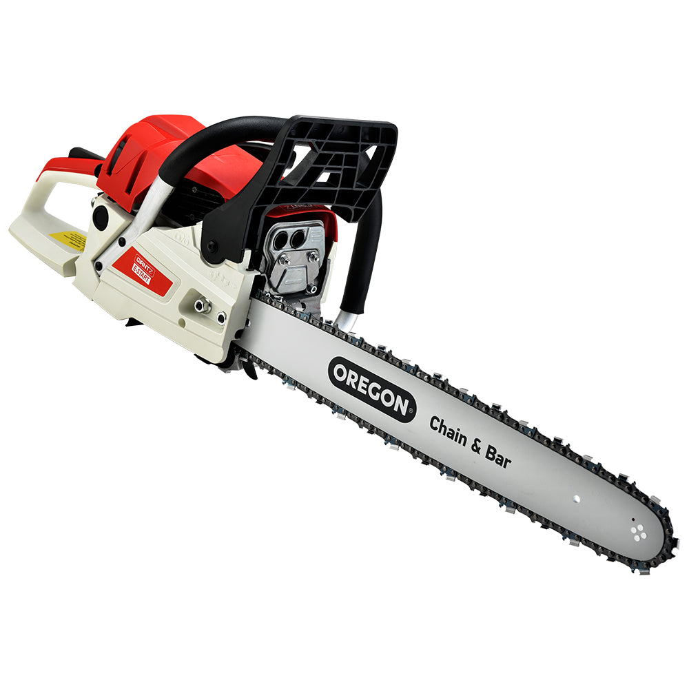 A red and white chainsaw with a black handle and a silver blade, branded "Giantz Chainsaw Petrol 52CC 20\" Oregon Bar Commercial E-Start Pruning Chain Saw, Giantz Chainsaw Petrol 88CC 24\" Oregon Bar Commercial E-Start Pruning Chain Saw" with a black chain. This 52cc chainsaw features a detailed grip, safety elements, and an exposed engine section showcasing its commercial-grade sawing capabilities powered by a 2-stroke petrol engine.