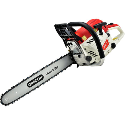 A red and white chainsaw with a black handle and a silver blade, branded "Giantz Chainsaw Petrol 52CC 20\" Oregon Bar Commercial E-Start Pruning Chain Saw, Giantz Chainsaw Petrol 88CC 24\" Oregon Bar Commercial E-Start Pruning Chain Saw" with a black chain. This 52cc chainsaw features a detailed grip, safety elements, and an exposed engine section showcasing its commercial-grade sawing capabilities powered by a 2-stroke petrol engine.