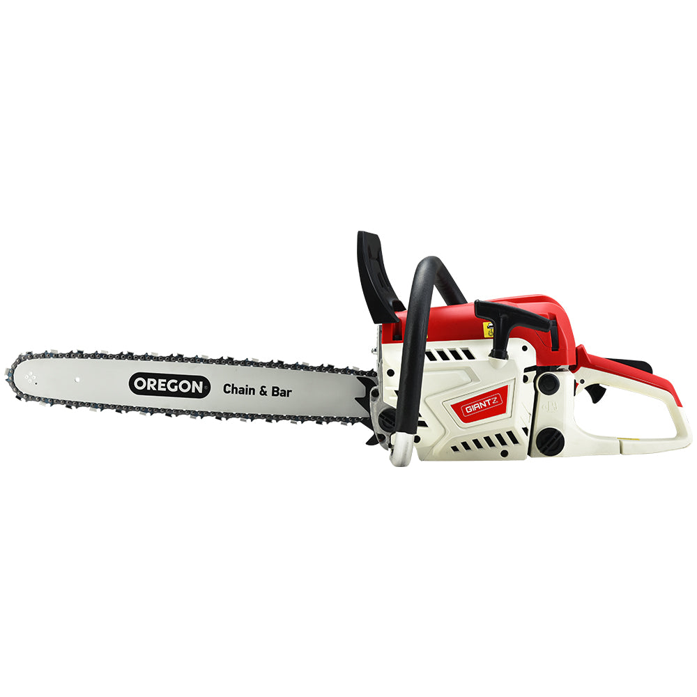 A red and white chainsaw with a black handle and a silver blade, branded "Giantz Chainsaw Petrol 52CC 20\" Oregon Bar Commercial E-Start Pruning Chain Saw, Giantz Chainsaw Petrol 88CC 24\" Oregon Bar Commercial E-Start Pruning Chain Saw" with a black chain. This 52cc chainsaw features a detailed grip, safety elements, and an exposed engine section showcasing its commercial-grade sawing capabilities powered by a 2-stroke petrol engine.