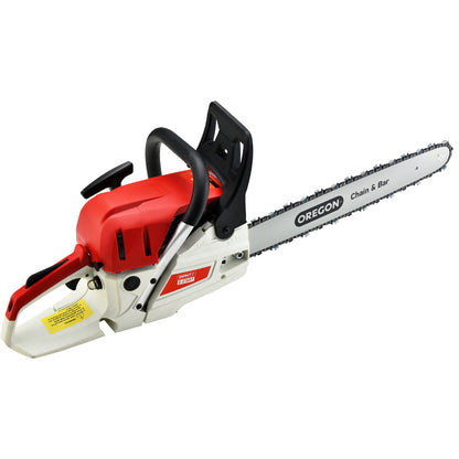 A red and white chainsaw with a black handle and a silver blade, branded "Giantz Chainsaw Petrol 52CC 20\" Oregon Bar Commercial E-Start Pruning Chain Saw, Giantz Chainsaw Petrol 88CC 24\" Oregon Bar Commercial E-Start Pruning Chain Saw" with a black chain. This 52cc chainsaw features a detailed grip, safety elements, and an exposed engine section showcasing its commercial-grade sawing capabilities powered by a 2-stroke petrol engine.