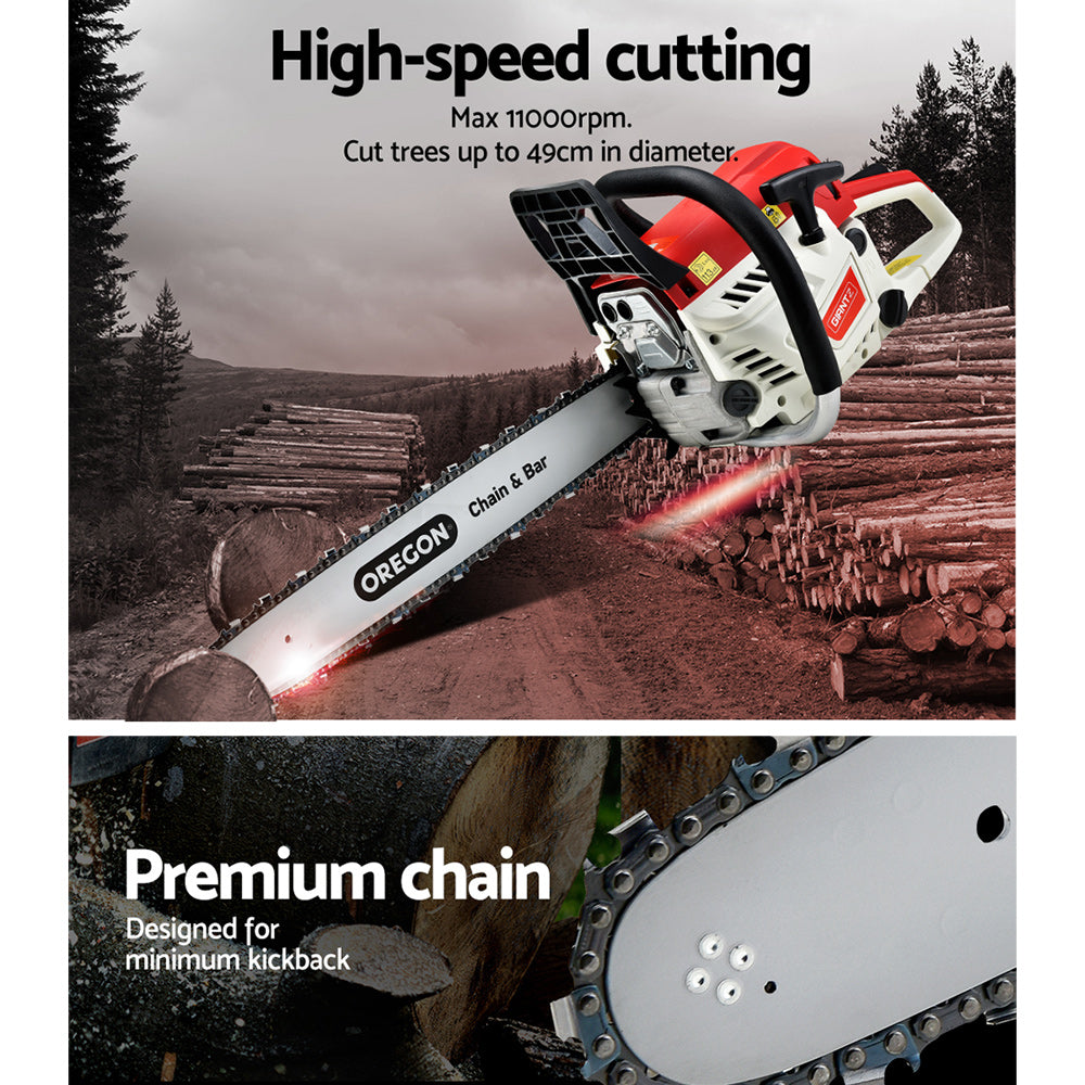 A red and white chainsaw with a black handle and a silver blade, branded "Giantz Chainsaw Petrol 52CC 20\" Oregon Bar Commercial E-Start Pruning Chain Saw, Giantz Chainsaw Petrol 88CC 24\" Oregon Bar Commercial E-Start Pruning Chain Saw" with a black chain. This 52cc chainsaw features a detailed grip, safety elements, and an exposed engine section showcasing its commercial-grade sawing capabilities powered by a 2-stroke petrol engine.