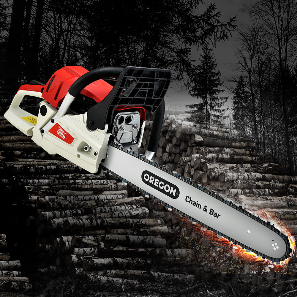 A red and white chainsaw with a black handle and a silver blade, branded "Giantz Chainsaw Petrol 52CC 20\" Oregon Bar Commercial E-Start Pruning Chain Saw, Giantz Chainsaw Petrol 88CC 24\" Oregon Bar Commercial E-Start Pruning Chain Saw" with a black chain. This 52cc chainsaw features a detailed grip, safety elements, and an exposed engine section showcasing its commercial-grade sawing capabilities powered by a 2-stroke petrol engine.