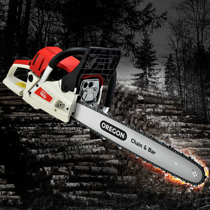 A red and white chainsaw with a black handle and a silver blade, branded "Giantz Chainsaw Petrol 52CC 20\" Oregon Bar Commercial E-Start Pruning Chain Saw, Giantz Chainsaw Petrol 88CC 24\" Oregon Bar Commercial E-Start Pruning Chain Saw" with a black chain. This 52cc chainsaw features a detailed grip, safety elements, and an exposed engine section showcasing its commercial-grade sawing capabilities powered by a 2-stroke petrol engine.