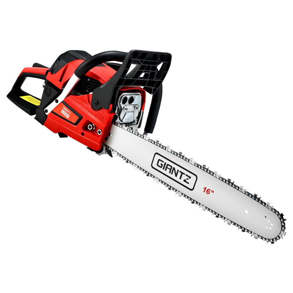 A red and black chainsaw with a 16-inch blade labeled "Giantz Chainsaw Petrol 45CC 16" Bar Commercial E-Start Pruning Chain Saw,Giantz Chainsaw Petrol 45CC 16" Bar Commercial E-Start Pruning Chain Saw 3.5HP" against a white background. The chainsaw features a robust handle, a protective guard around the blade, and visible safety mechanisms, powered by a powerful 45cc engine for commercial grade sawing.