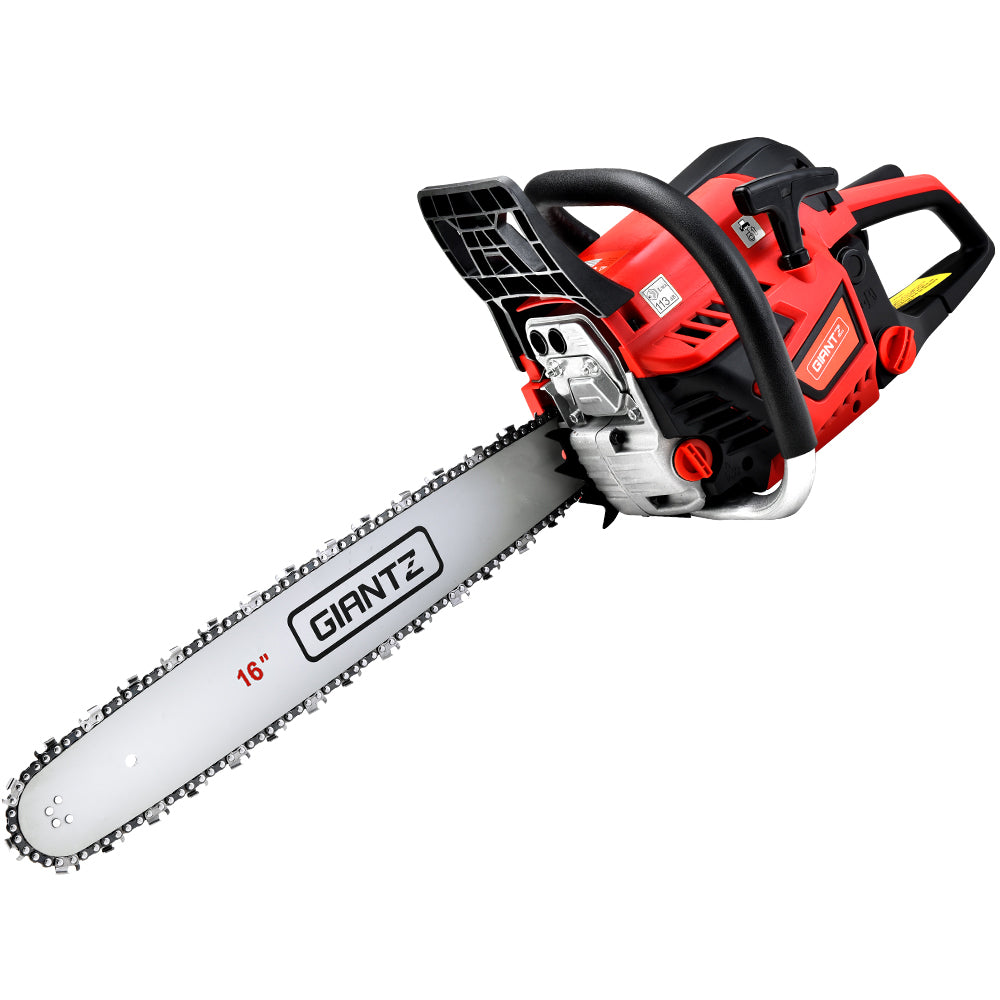 A red and black chainsaw with a 16-inch blade labeled "Giantz Chainsaw Petrol 45CC 16" Bar Commercial E-Start Pruning Chain Saw,Giantz Chainsaw Petrol 45CC 16" Bar Commercial E-Start Pruning Chain Saw 3.5HP" against a white background. The chainsaw features a robust handle, a protective guard around the blade, and visible safety mechanisms, powered by a powerful 45cc engine for commercial grade sawing.