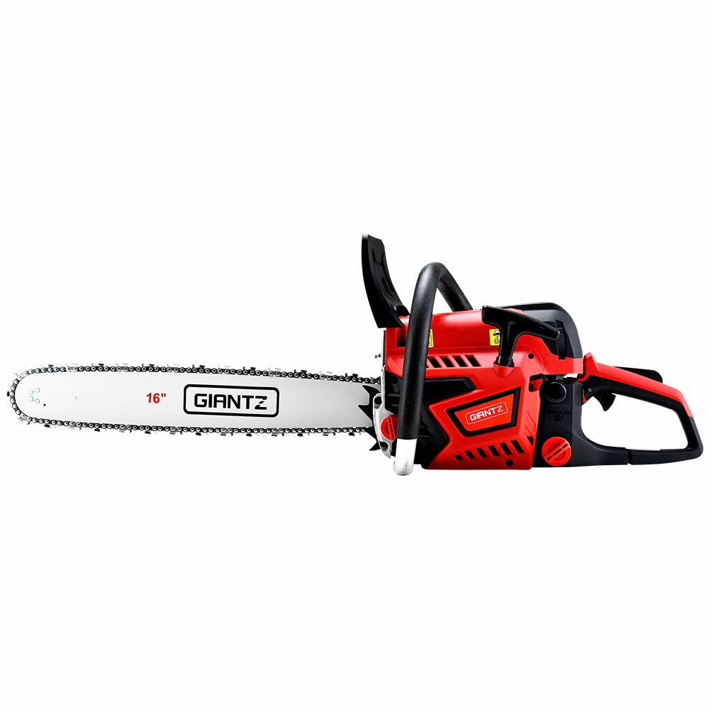 A red and black chainsaw with a 16-inch blade labeled "Giantz Chainsaw Petrol 45CC 16" Bar Commercial E-Start Pruning Chain Saw,Giantz Chainsaw Petrol 45CC 16" Bar Commercial E-Start Pruning Chain Saw 3.5HP" against a white background. The chainsaw features a robust handle, a protective guard around the blade, and visible safety mechanisms, powered by a powerful 45cc engine for commercial grade sawing.