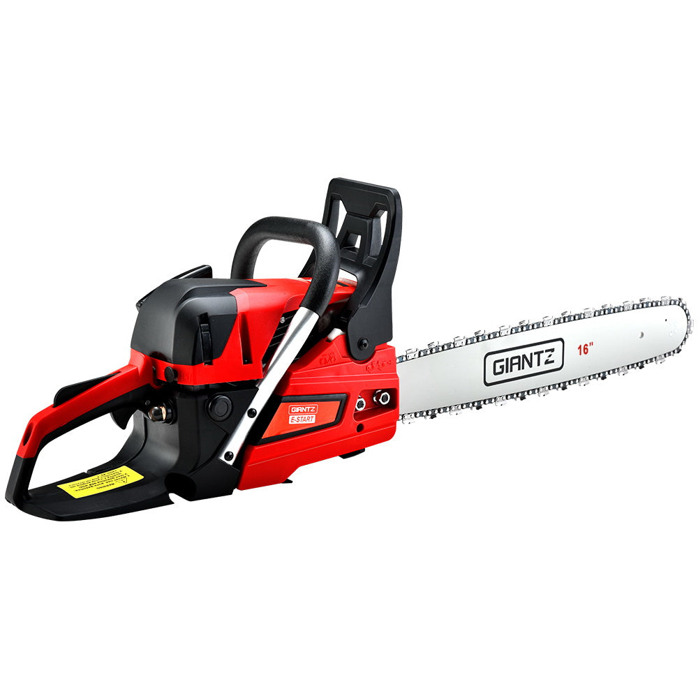 A red and black chainsaw with a 16-inch blade labeled "Giantz Chainsaw Petrol 45CC 16" Bar Commercial E-Start Pruning Chain Saw,Giantz Chainsaw Petrol 45CC 16" Bar Commercial E-Start Pruning Chain Saw 3.5HP" against a white background. The chainsaw features a robust handle, a protective guard around the blade, and visible safety mechanisms, powered by a powerful 45cc engine for commercial grade sawing.