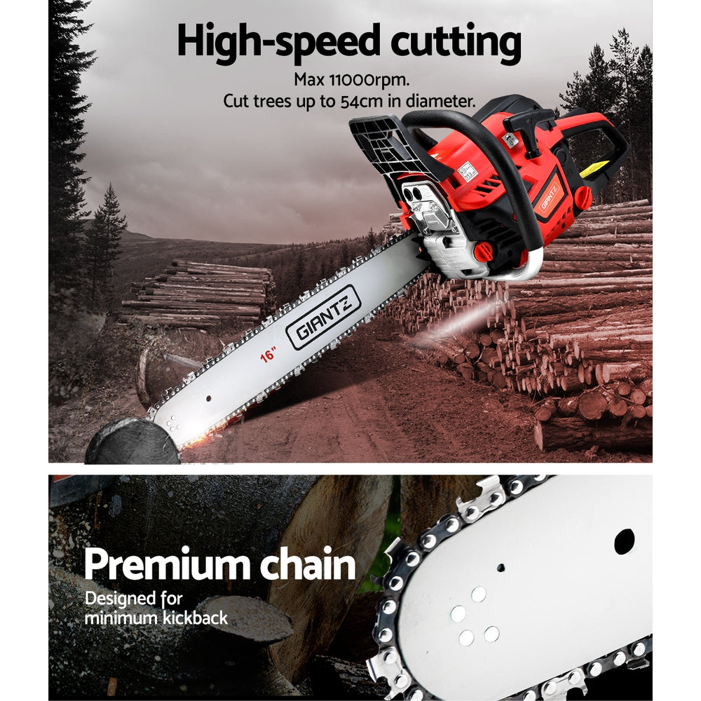 A red and black chainsaw with a 16-inch blade labeled "Giantz Chainsaw Petrol 45CC 16" Bar Commercial E-Start Pruning Chain Saw,Giantz Chainsaw Petrol 45CC 16" Bar Commercial E-Start Pruning Chain Saw 3.5HP" against a white background. The chainsaw features a robust handle, a protective guard around the blade, and visible safety mechanisms, powered by a powerful 45cc engine for commercial grade sawing.