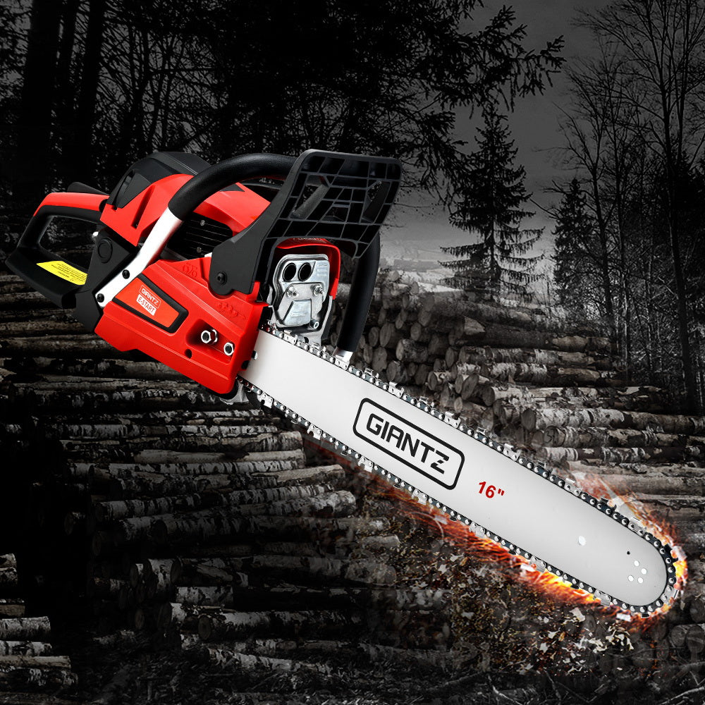 A red and black chainsaw with a 16-inch blade labeled "Giantz Chainsaw Petrol 45CC 16" Bar Commercial E-Start Pruning Chain Saw,Giantz Chainsaw Petrol 45CC 16" Bar Commercial E-Start Pruning Chain Saw 3.5HP" against a white background. The chainsaw features a robust handle, a protective guard around the blade, and visible safety mechanisms, powered by a powerful 45cc engine for commercial grade sawing.