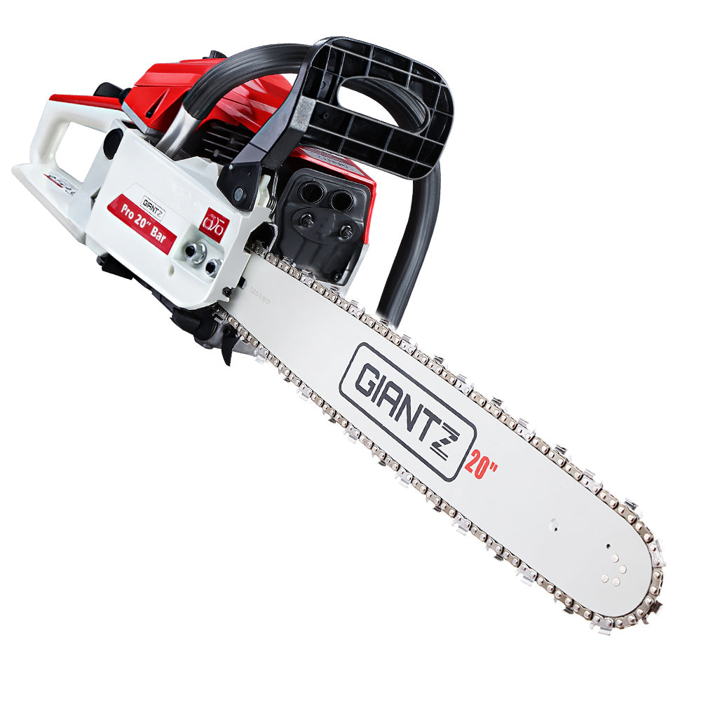 A red and white chainsaw labeled "Giantz Chainsaw Petrol 52CC 20" Bar Commercial E-Start Pruning Chain Saw White" with a 20-inch Oregon bar and chain, powered by a robust 52cc, 2-stroke petrol engine. The handle is black with a protective guard. The chainsaw boasts a powerful, rugged design and multiple controls on its side.