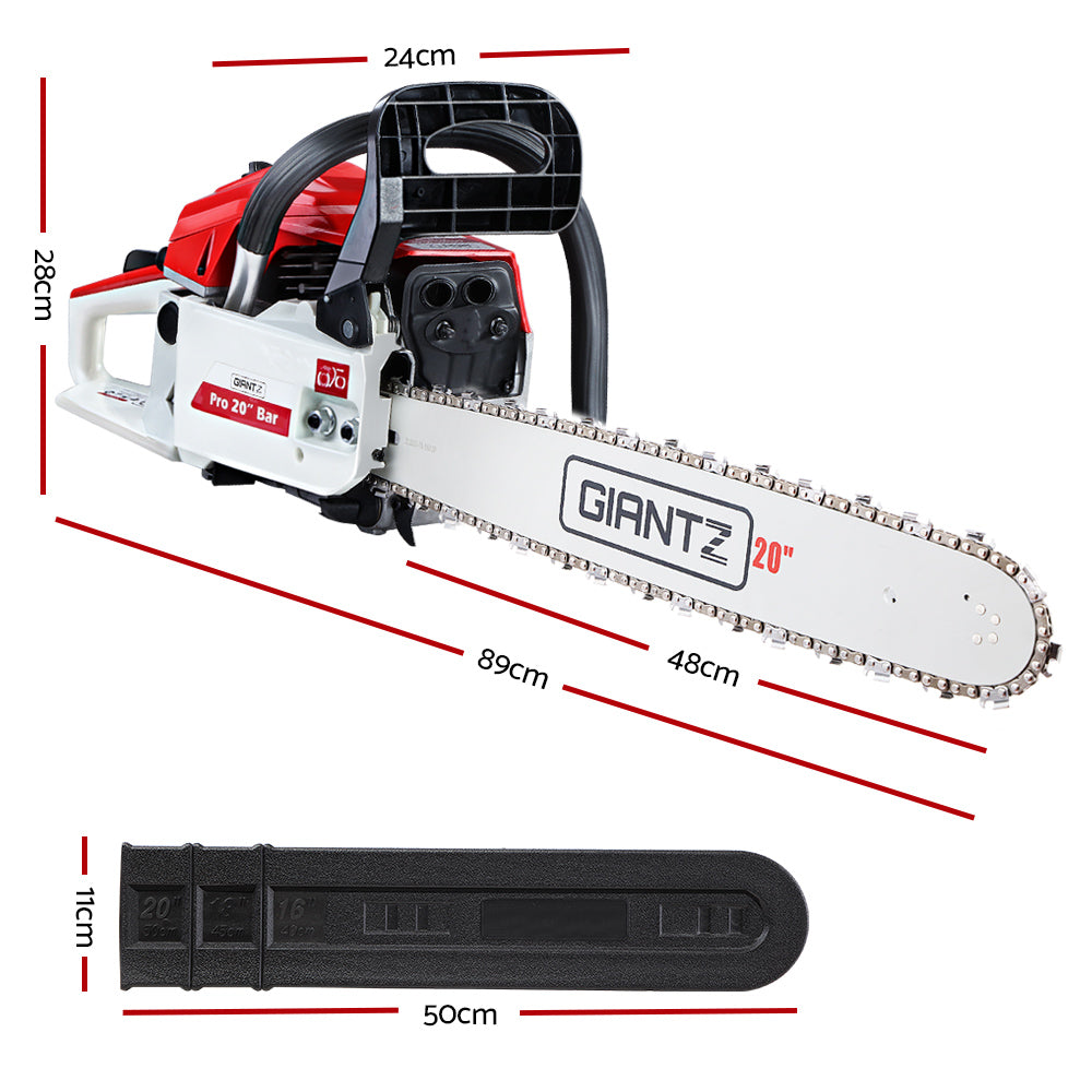 A red and white chainsaw labeled "Giantz Chainsaw Petrol 52CC 20" Bar Commercial E-Start Pruning Chain Saw White" with a 20-inch Oregon bar and chain, powered by a robust 52cc, 2-stroke petrol engine. The handle is black with a protective guard. The chainsaw boasts a powerful, rugged design and multiple controls on its side.